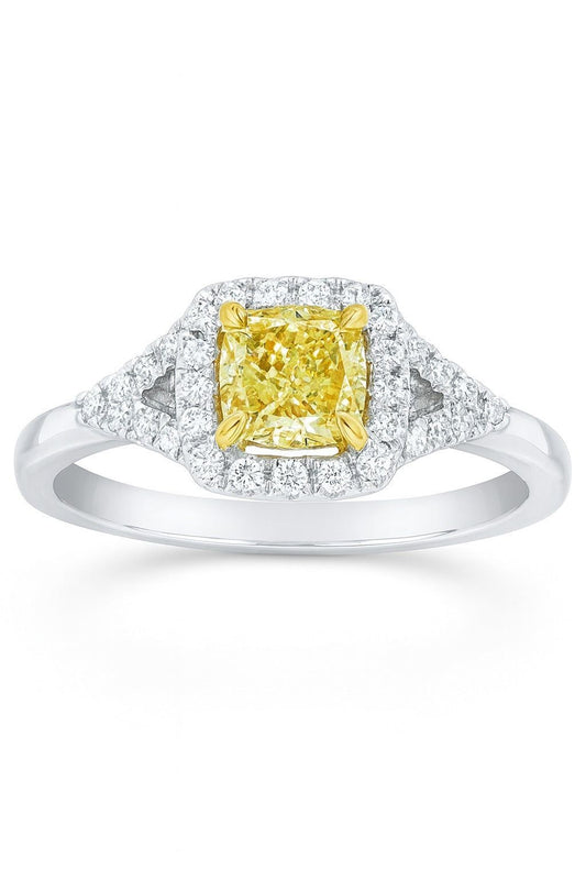 Platinum Yellow Diamond Engagement Ring With Certified 0.77CT Fancy Yellow Diamond And 0.38cts Side Diamonds. Center Sto