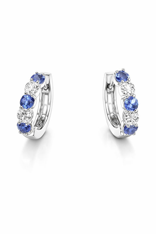 14K White Gold Round Diamond and Sapphire Hoop Earrings, 3.49 ct