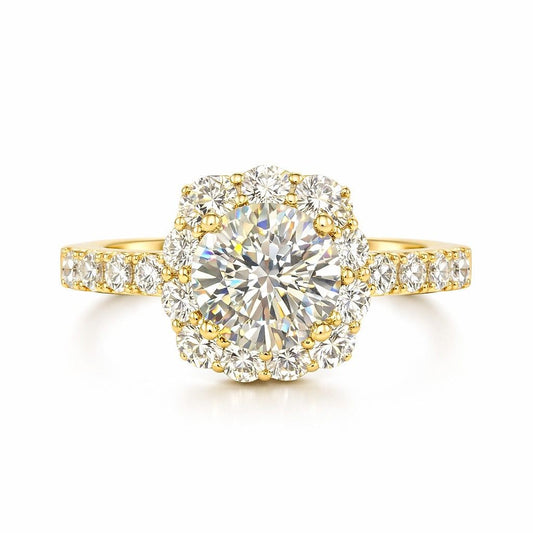 18K Yellow Gold Round Diamond Halo Engagement Ring, 2.00 ct Center