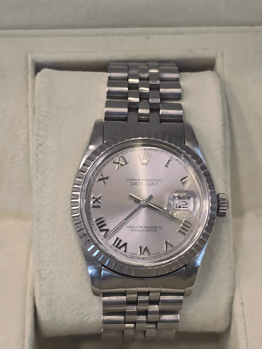 Rolex Oyster Perpetual Datejust 36mm Stainless Steel White Gold Fluted Bezel Watch 16030