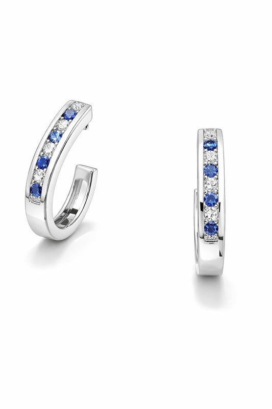 14K White Gold Sapphire and Diamond Channel Set Hoop Earrings, 0.50 ct