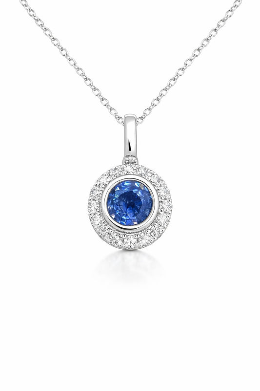 14K White Gold Sapphire and Diamond Pendant, 0.98 ct
