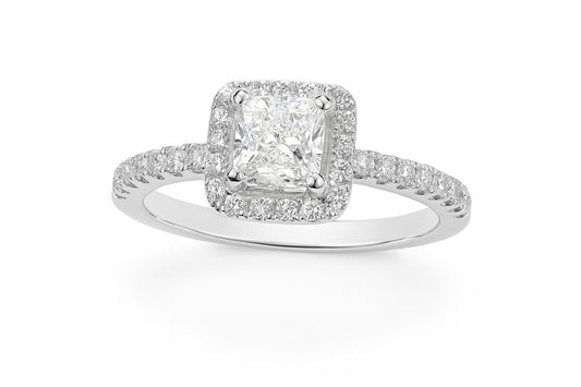 14K White Gold Princess Cut Diamond Halo Engagement Ring, 0.91 ct