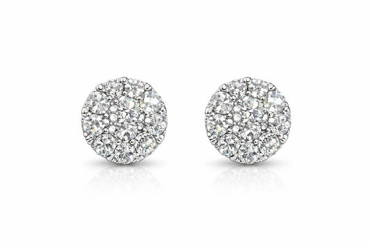 18K White Gold Diamond Cluster Stud Earrings, 2.00 ct