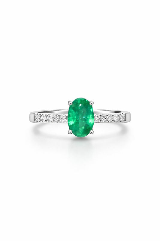 14K White Gold Oval Emerald and Diamond Ring, 0.69 ct