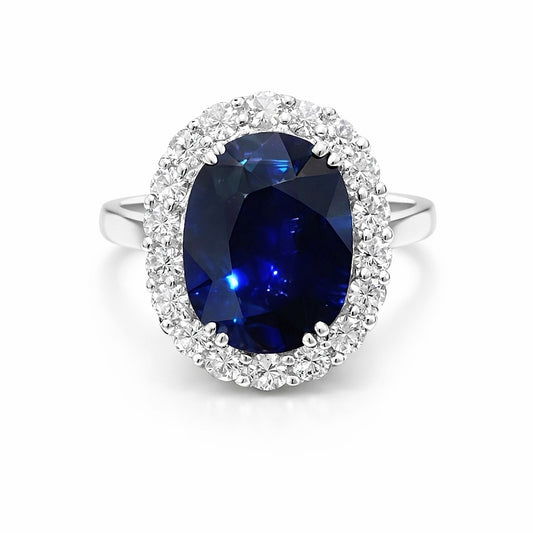 Platinum Oval Sapphire and Diamond Halo Ring, 9.36 ct