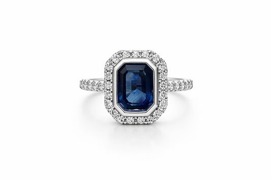 14K White Gold Emerald-Cut Sapphire and Diamond Halo Ring, 2.28 ct