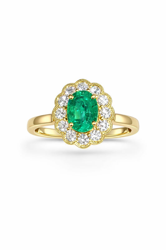 18K Yellow Gold Oval Emerald and Diamond Halo Earrings, 1.31 ct