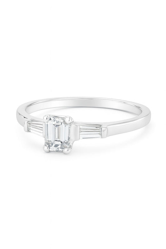 Emerald Cut Diamond Solitaire Ring with Baguettes, 0.54 ct