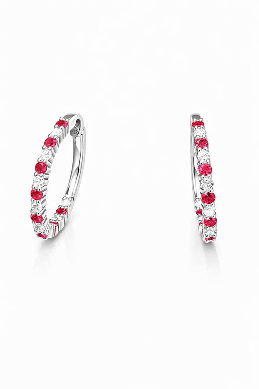 White Gold Ruby and Diamond Hoop Earrings