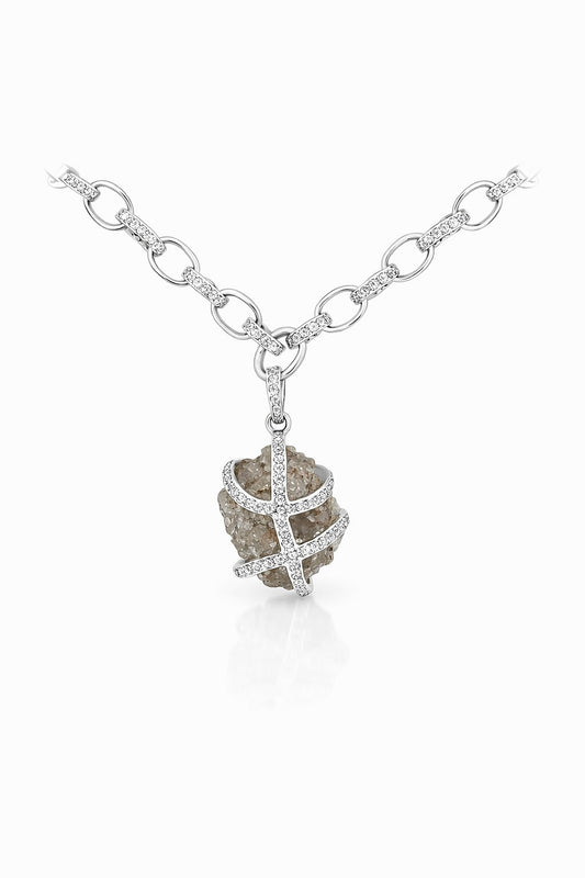 18K White Gold Diamond Pendant and Chain with Raw Diamond, 7.55 ct