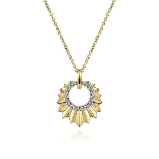 Diamond Cut - 14K Yellow Gold Diamond and Diamond Cut Texture Pendant Necklace