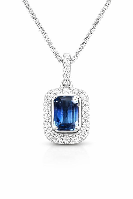 14K White Gold Emerald-Cut Sapphire and Diamond Halo Pendant, 1.39 ct