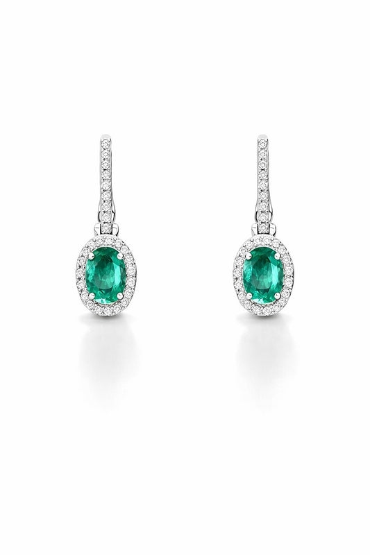 14K Yellow Gold Oval Emerald and Diamond Drop Earrings, 0.88 ct