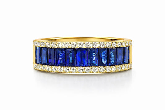 14K Gold Emerald Cut Sapphire and Diamond Band, 2.39 ct