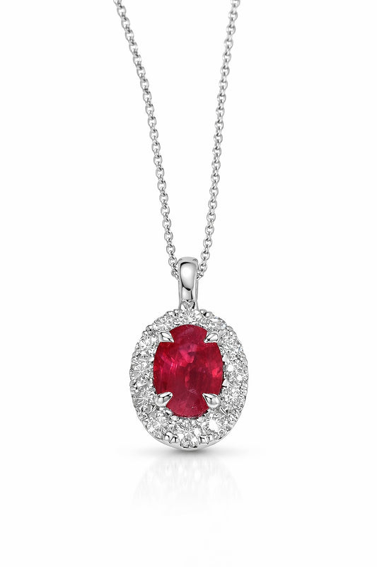 14K White Gold Oval Burma Ruby and Diamond Halo Pendant, 3.02 ct