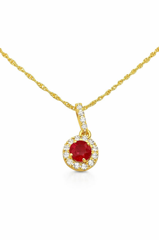 14K Yellow Gold Ruby and Diamond Cluster Pendant, 0.17 ctw Diamond
