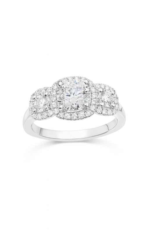 14K White Gold Round Diamond Three-Stone Halo Engagement Ring, 1.50 ct