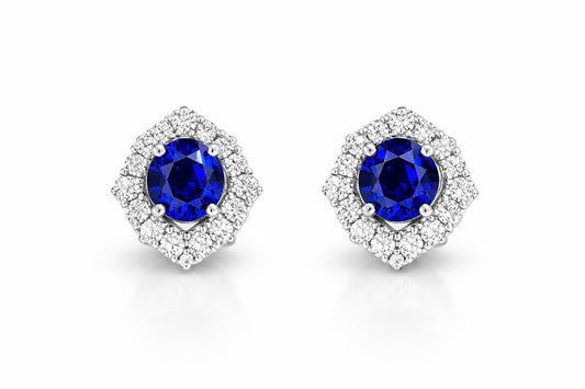 14K White Gold Oval Sapphire and Diamond Stud Earrings, 2.61 ct