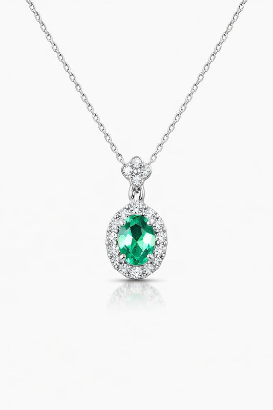 14K White Gold Oval Emerald and Diamond Pendant, 7x5 mm