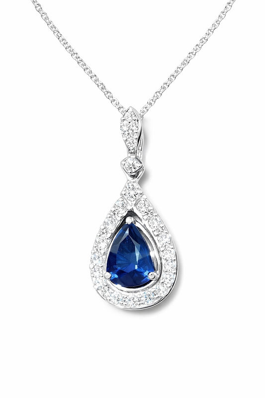 14K White Gold Pear Sapphire and Diamond Pendant, 1.67 ct