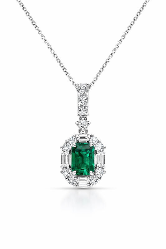 14K White Gold Emerald and Diamond Pendant, 0.85 ct