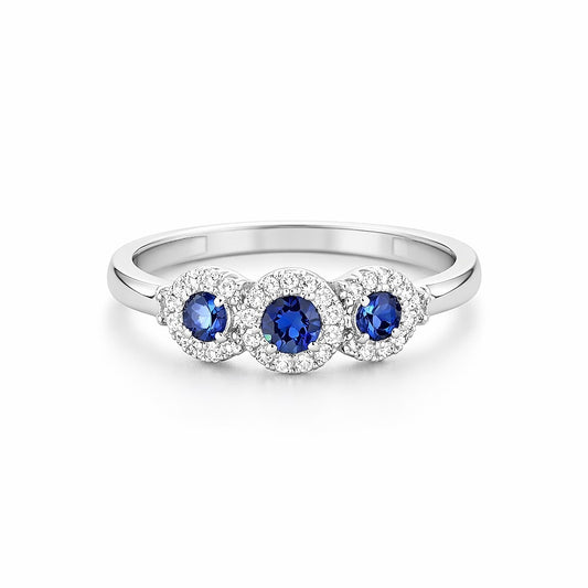 14K White Gold Sapphire and Diamond Three-Stone Ring, 0.87 ct