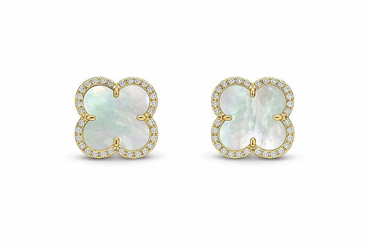 14K Yellow Gold Mother of Pearl and Diamond Clover Stud Earrings, 0.27 ct