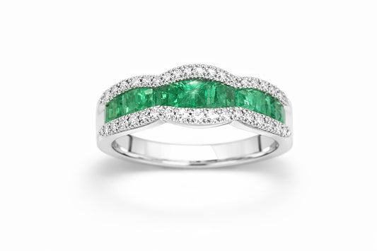14K White Gold Emerald and Round Diamond Ring, 1.16 ct Emerald