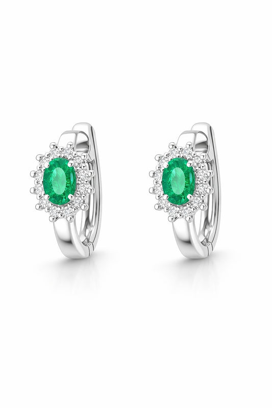 14K White Gold Oval Emerald and Diamond Huggie Earrings, 0.50 ct