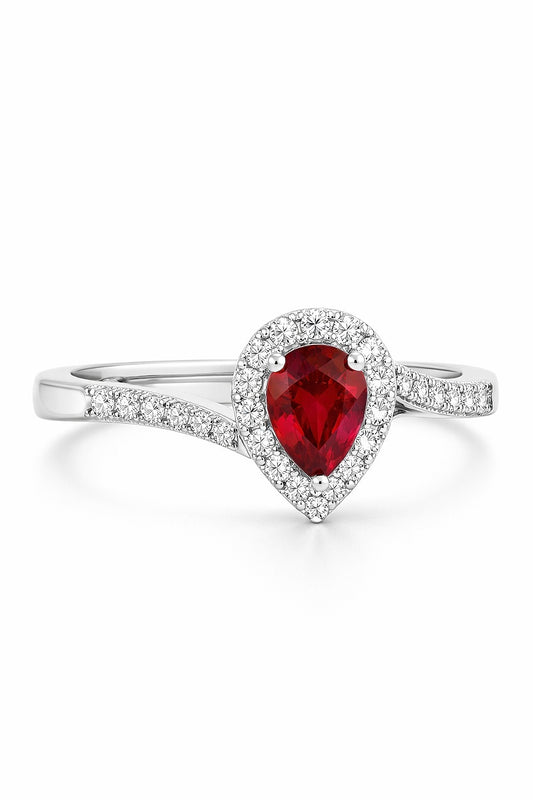 18K White Gold Pear Ruby and Diamond Halo Ring, 1.13 ct