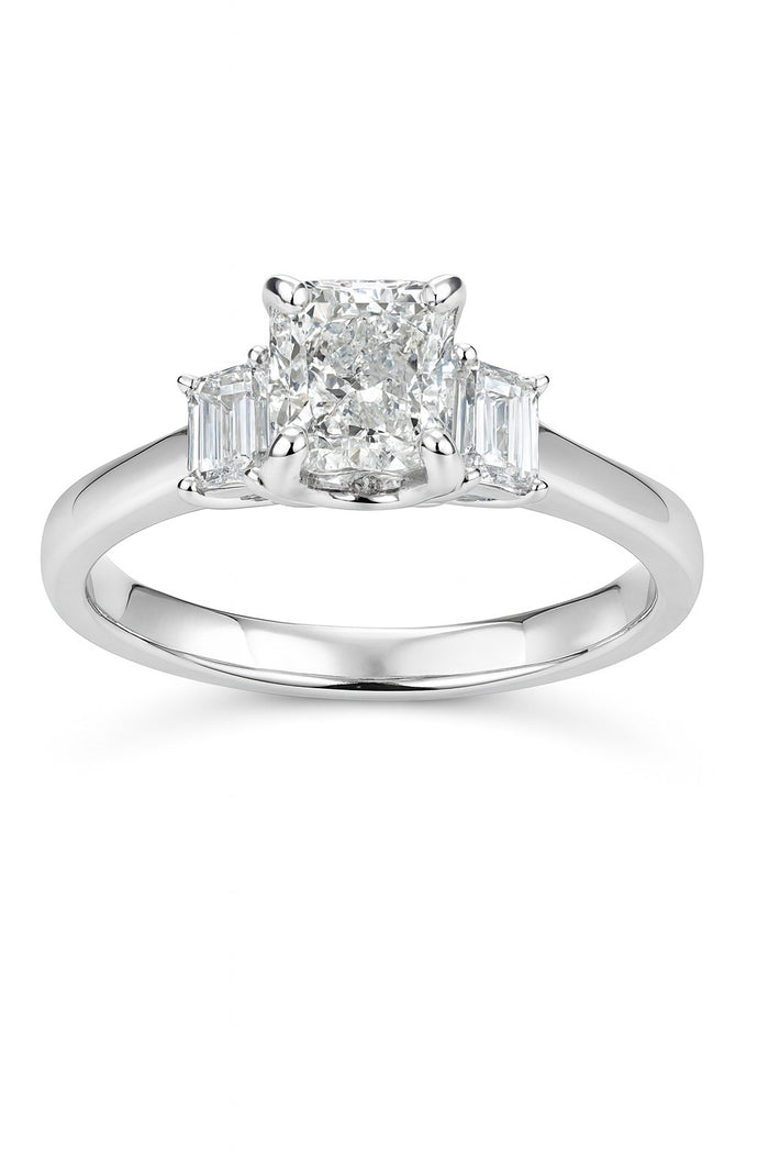 18KT White Gold Three Stone Natural Diamond Ring With 1.02CT Radiant Cut Center Stone GIA Certified : 6147477924 Side St