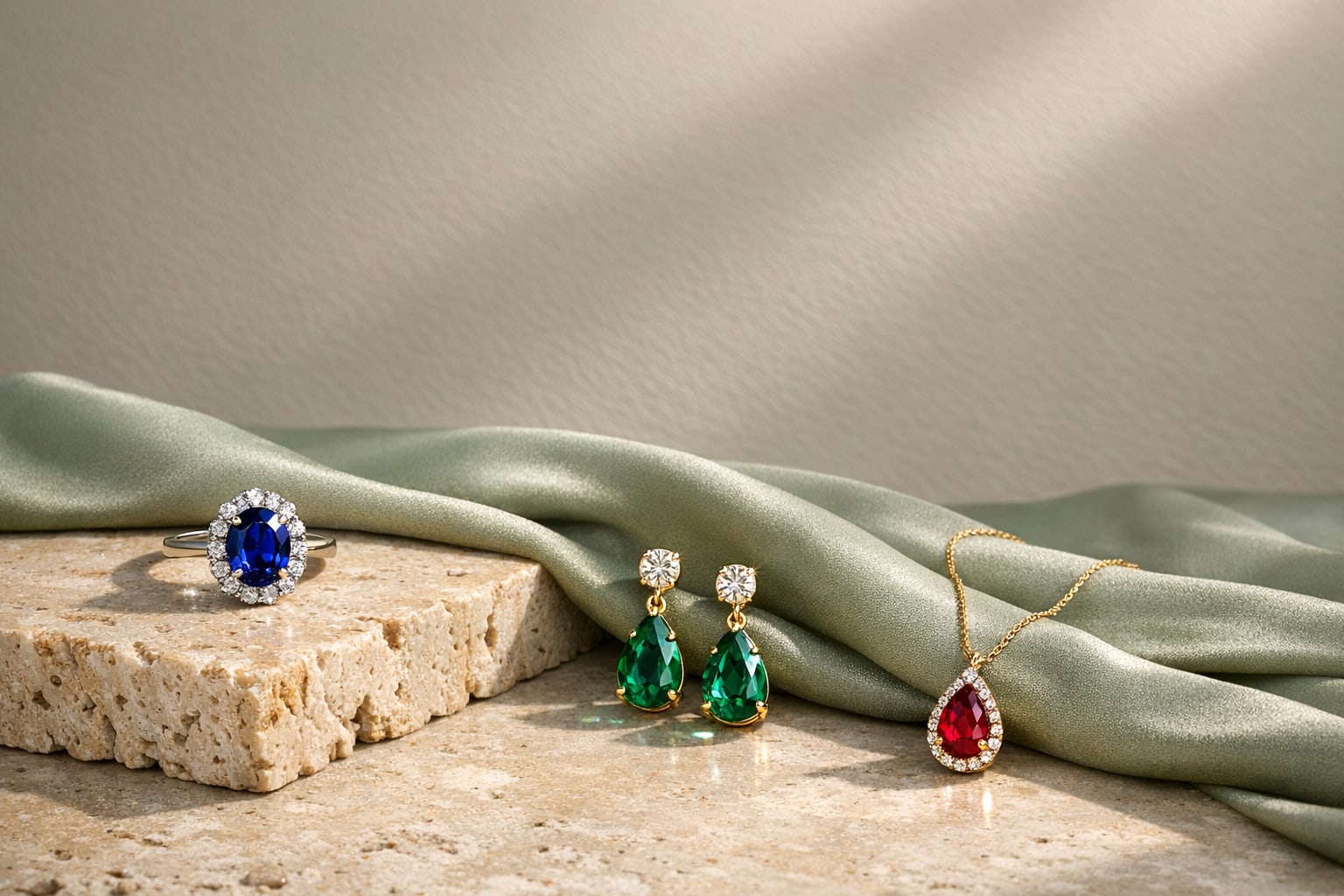 Sapphire ring, emerald earrings and ruby pendant on stone and sage silk