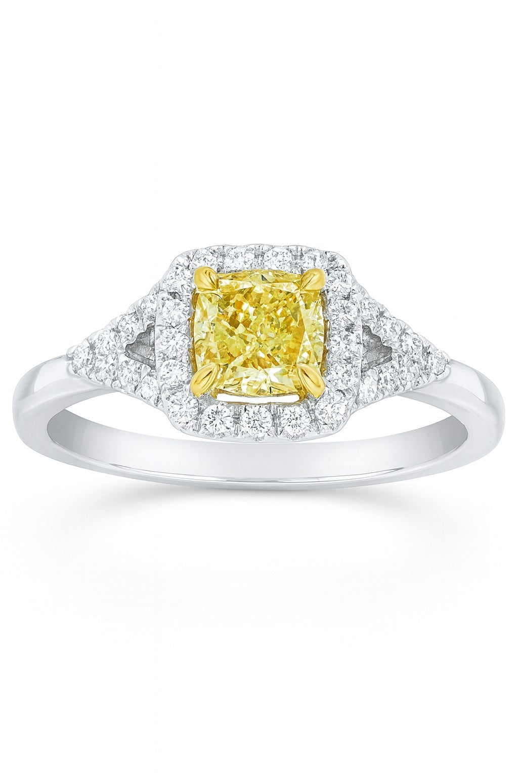 Platinum Yellow Diamond Engagement Ring With Certified 0.77CT Fancy Yellow Diamond And 0.38cts Side Diamonds. Center Sto