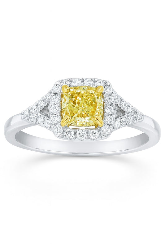 Platinum Yellow Diamond Engagement Ring With Certified 0.77CT Fancy Yellow Diamond And 0.38cts Side Diamonds. Center Sto