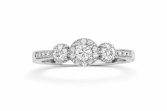 14K White Gold Diamond Three-Stone Halo Ring, 0.52 ctw