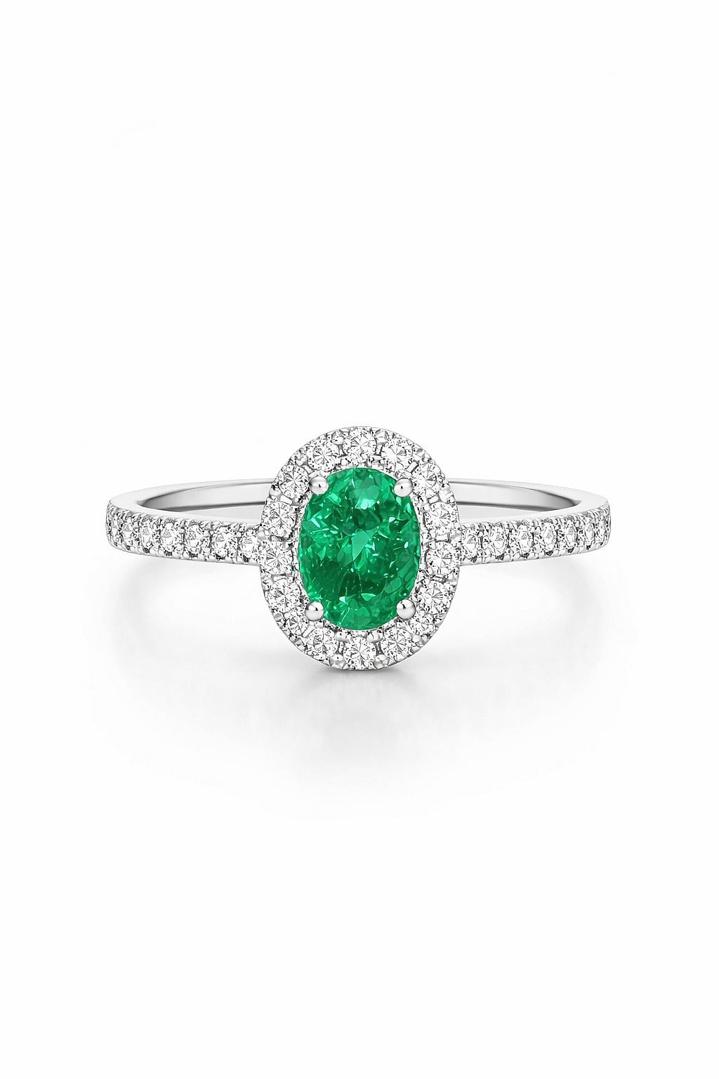 14K White Gold Emerald and Round Diamond Ring, 0.78 ct Emerald