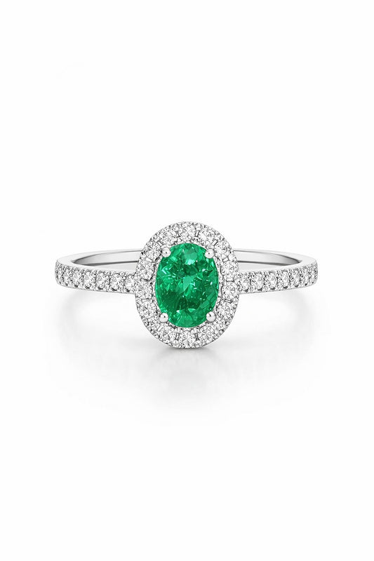 14K White Gold Emerald and Round Diamond Ring, 0.78 ct Emerald