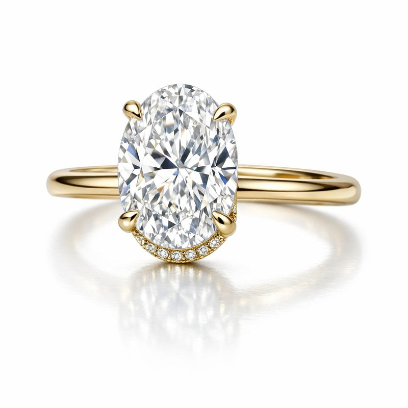Finished custom oval diamond engagement ring with hidden halo