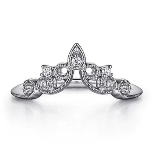 14K White Gold Curved Filigree Diamond Ring - 0.05 ct