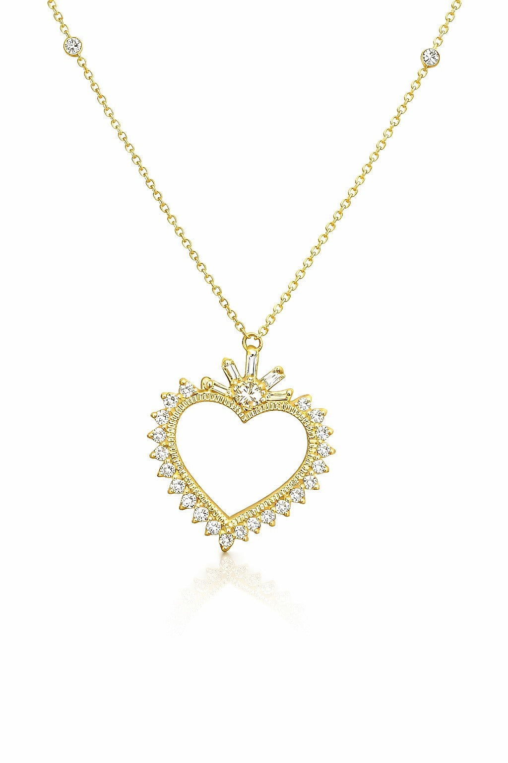 14K Yellow Gold Heart Diamond Station Necklace