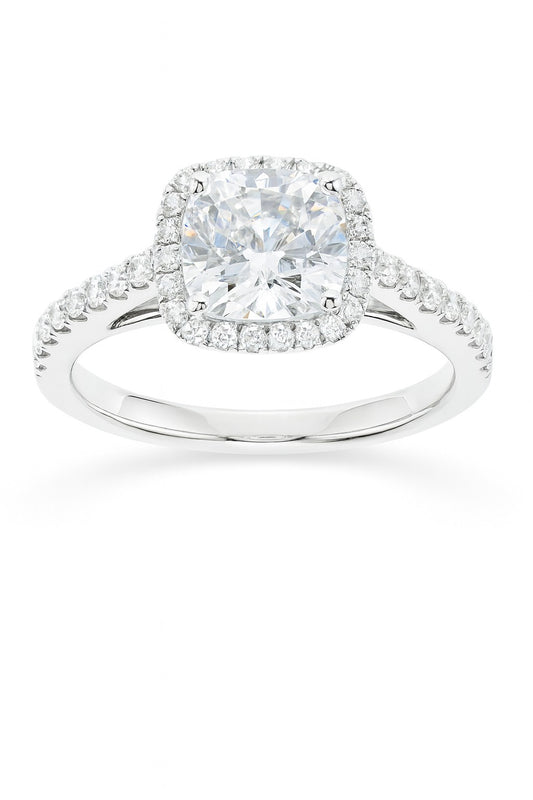 14K White Gold Diamond Halo Engagement Ring, 1.00 ct, 0.35 ct Sides
