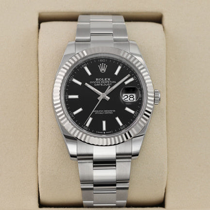 Rolex Datejust 41mm Stainless Steel Oyster Bracelet Smooth Bezel Black Dial 126334