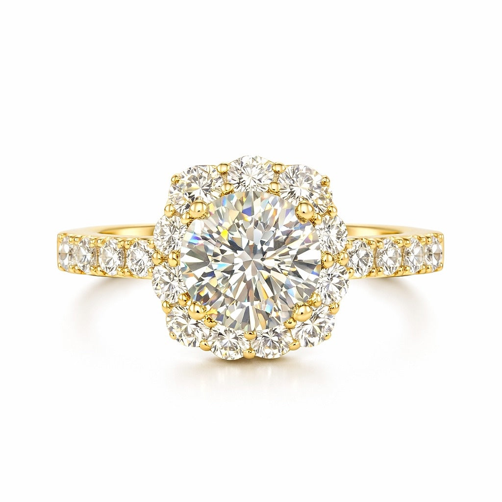 18K Yellow Gold Round Diamond Halo Engagement Ring, 2.00 ct Center