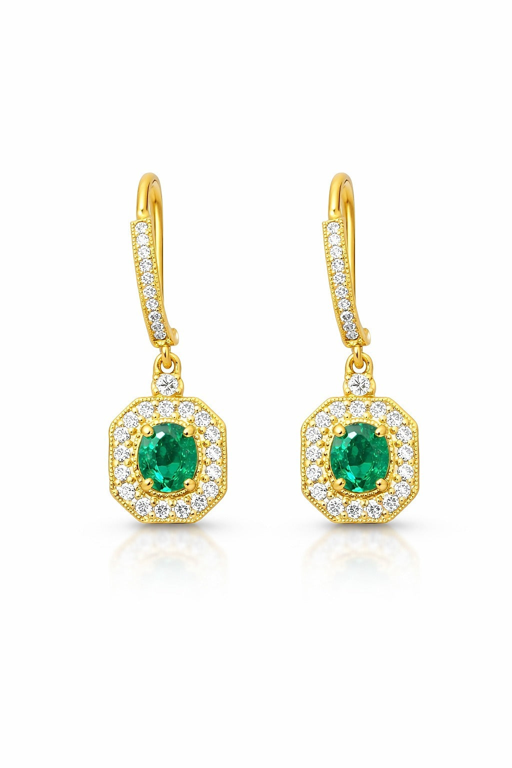 18K Yellow Gold Emerald and Diamond Earrings