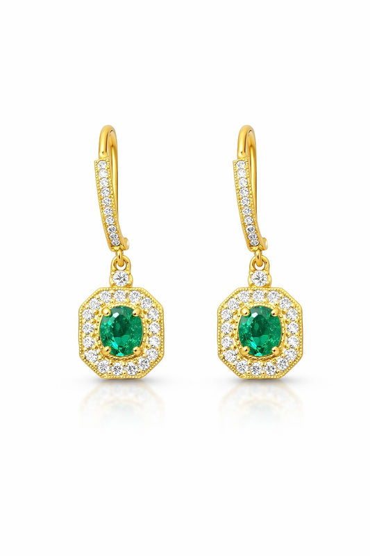 18K Yellow Gold Emerald and Diamond Earrings