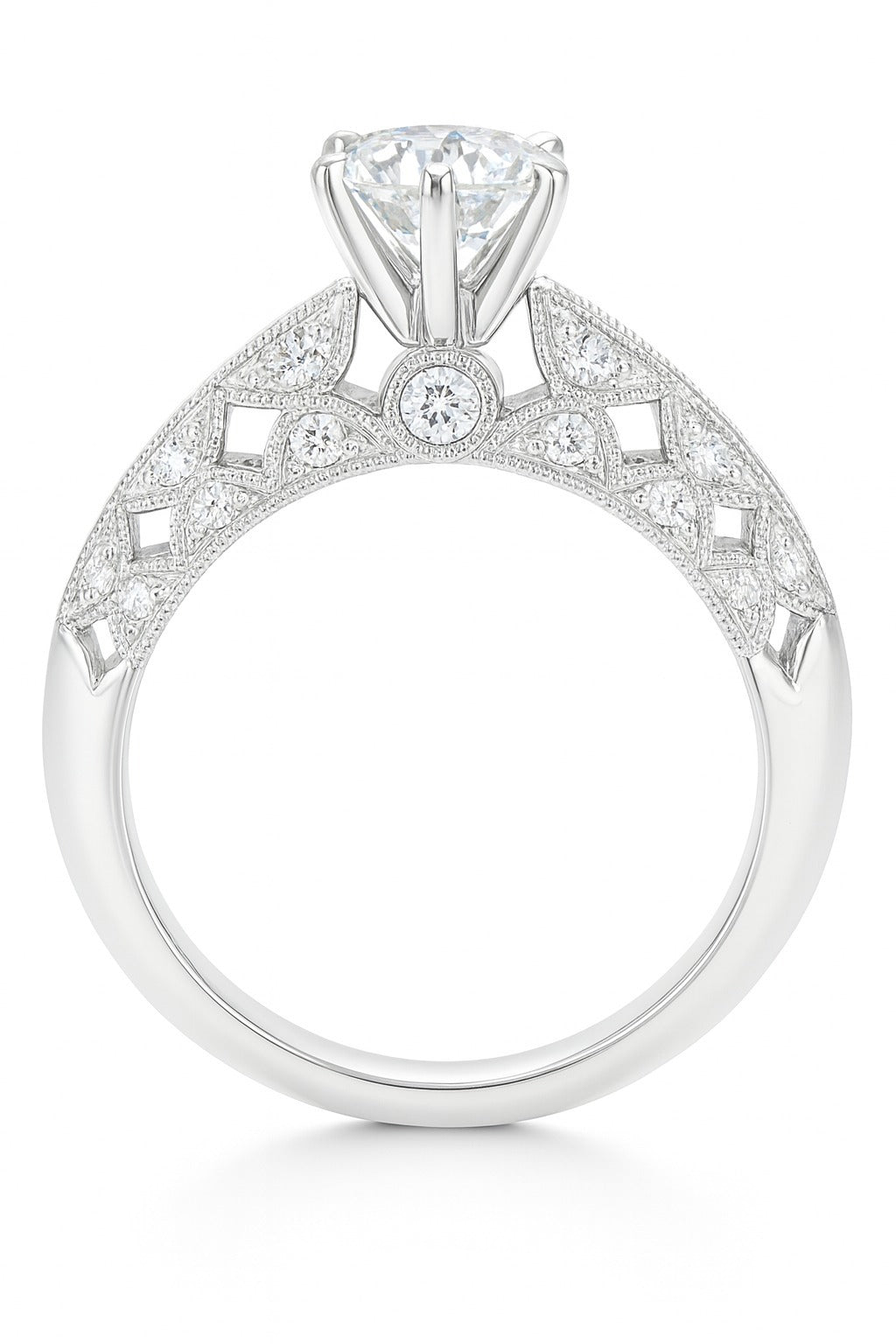 14KT White Gold Fancy Diamond Engagement Ring With Designed Sides. Center Stone Is 1CT Natural Diamond, Side Stones Are