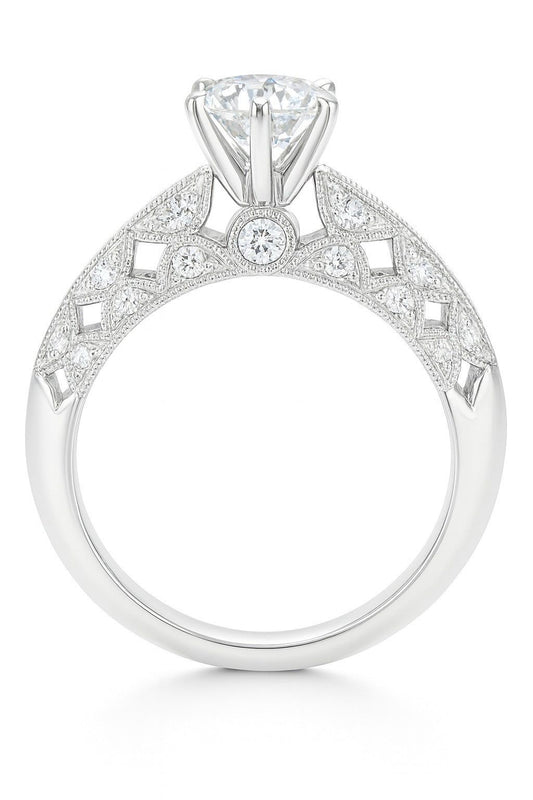 14KT White Gold Fancy Diamond Engagement Ring With Designed Sides. Center Stone Is 1CT Natural Diamond, Side Stones Are