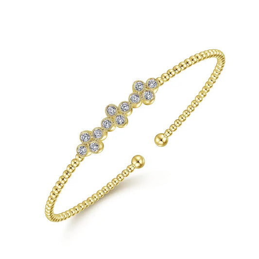 14K Yellow Gold Bujukan Bead Cuff Bracelet with Three Quatrefoil Diamond Stations Bracelet