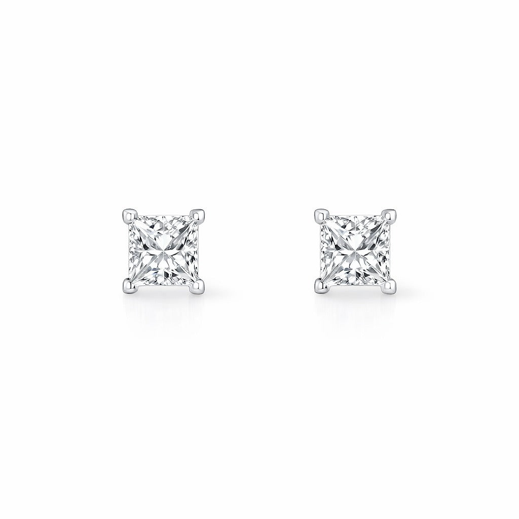 14K White Gold Princess Cut Diamond Stud Earrings, 3/4 ct